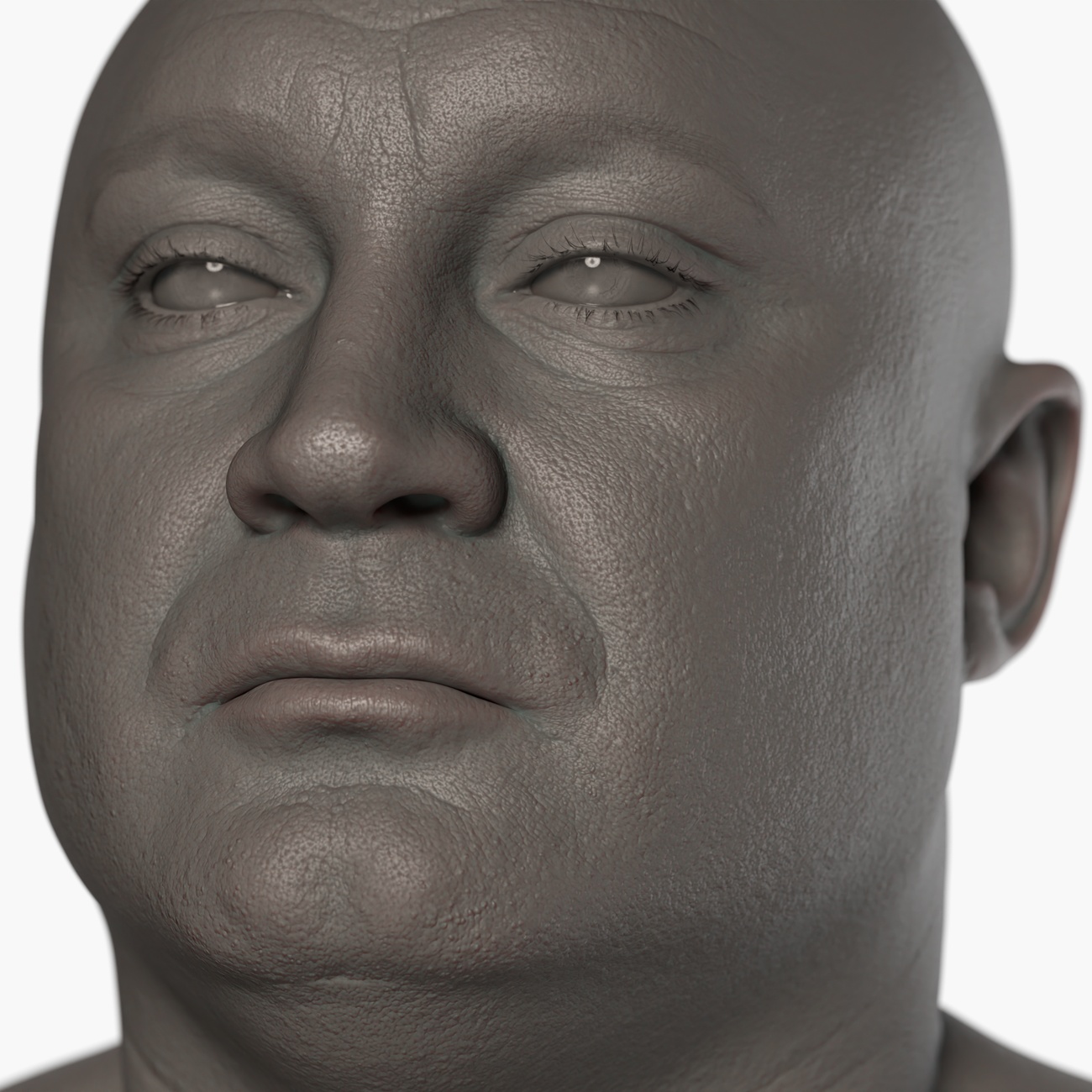 Clay render of a middle-aged heavy-set male head scan showing fine skin pore and surface detail captured via photogrammetry